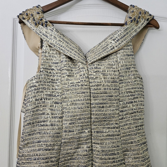 Parker 108 Gold & Navy midi V Neck dress with embellishments sz 6 - Picture 5 of 10